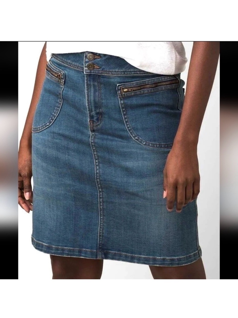 Prana Light Blue Denim Midi Skirt with Double-Waist Buttons
